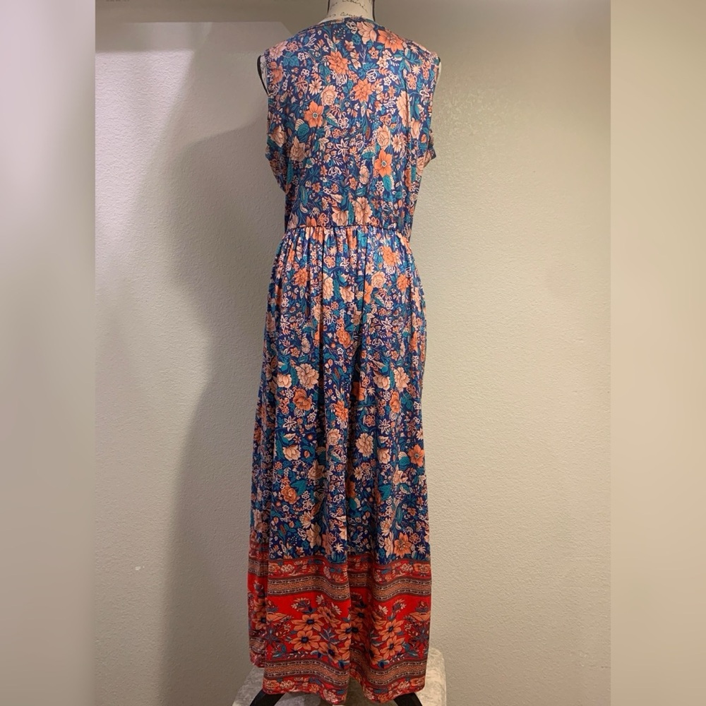 Boho Floral Sleeveless Maxi Dress - Blue and Orange - Picture 2 of 10